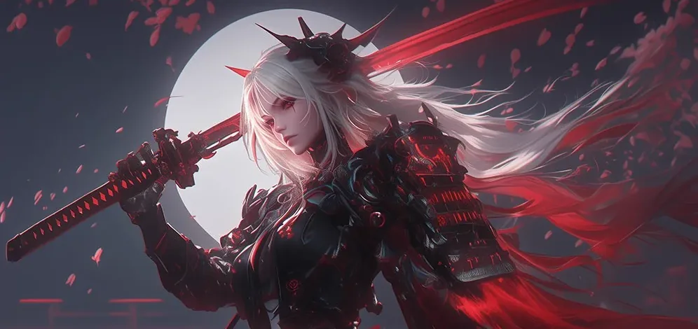 MU: Dark Epoch key art of a swordswoman under a red moon