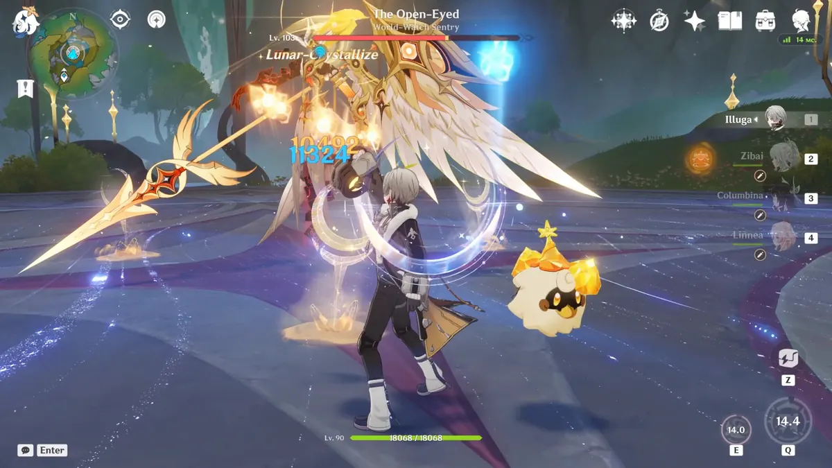 Genshin Impact combat with elemental effects and the battle HUD