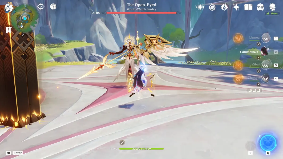 Genshin Impact character fighting on a bright plaza