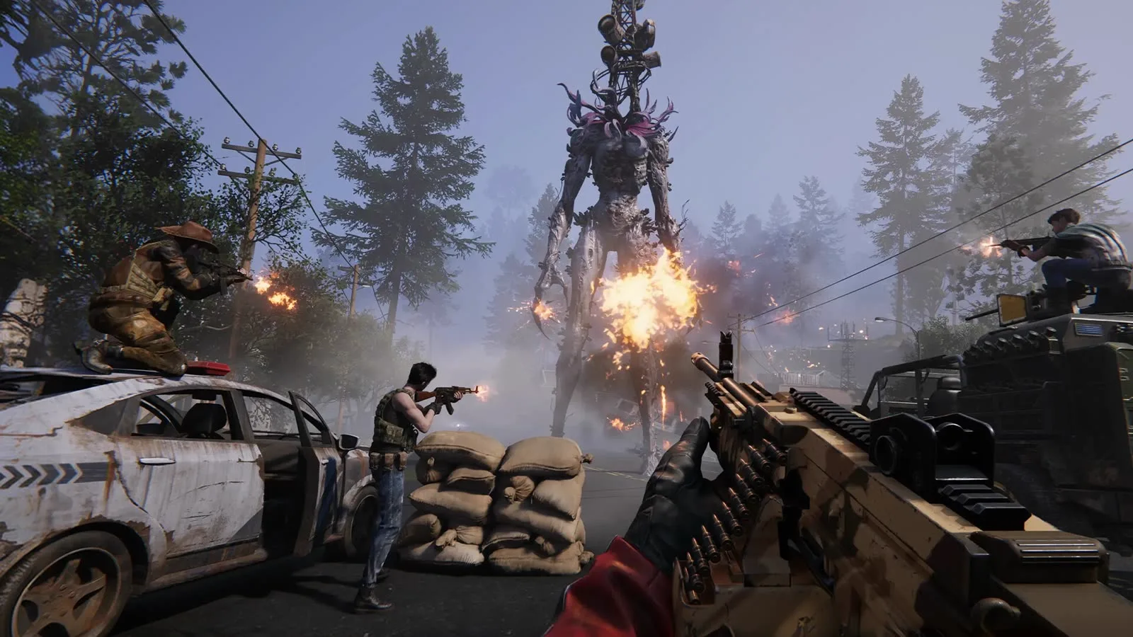 Once Human survivors firing at a towering mutated creature from a roadblock