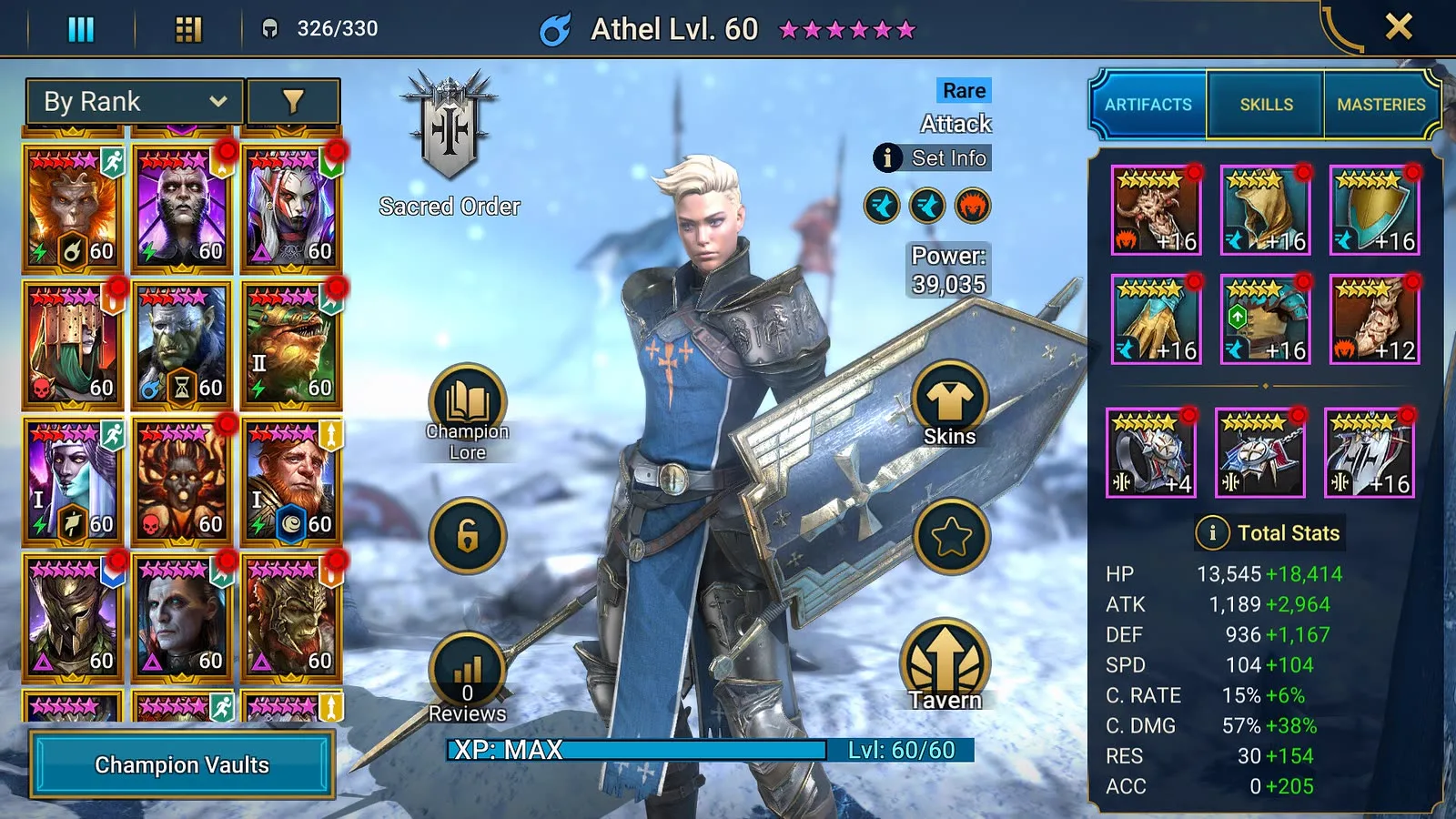 Raid: Shadow Legends artifact inventory equipped on Athel