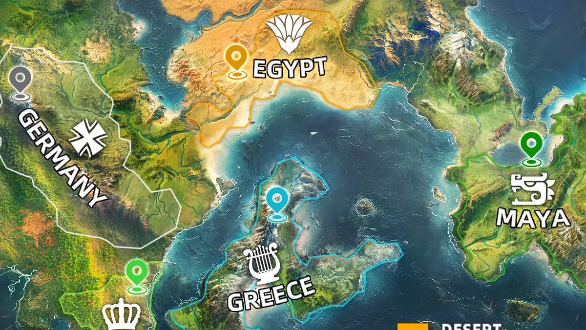 Rise of Kingdoms civilization map showing Egypt, Greece, Germany and Maya
