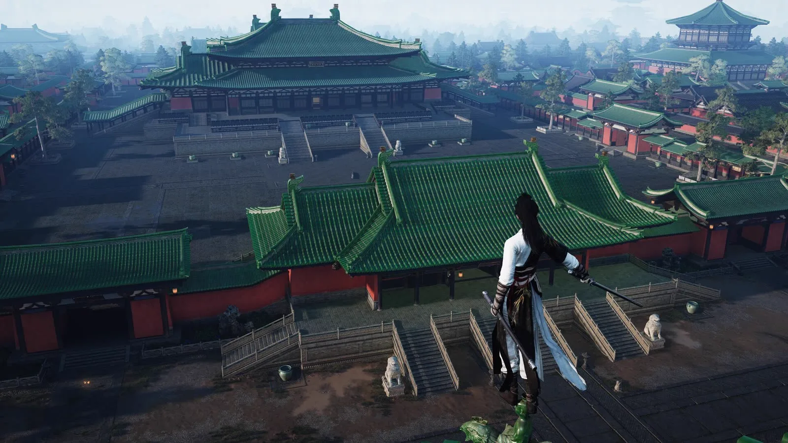 Where Winds Meet swordsman standing above palace rooftops