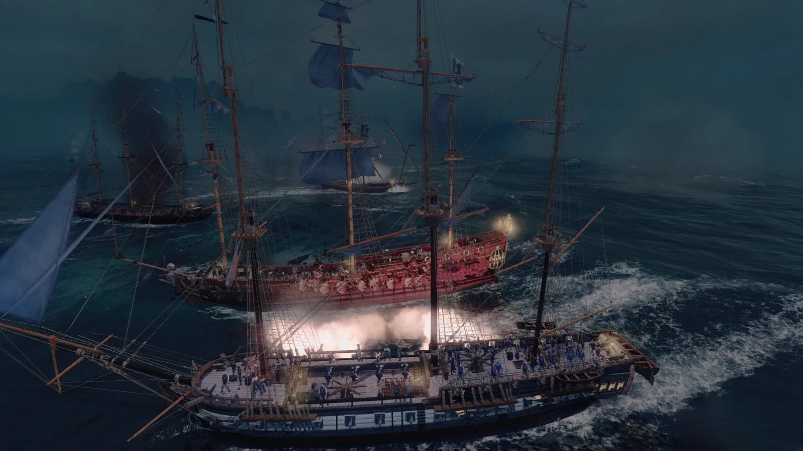 Ships trading broadsides in a World of Sea Battle naval fight