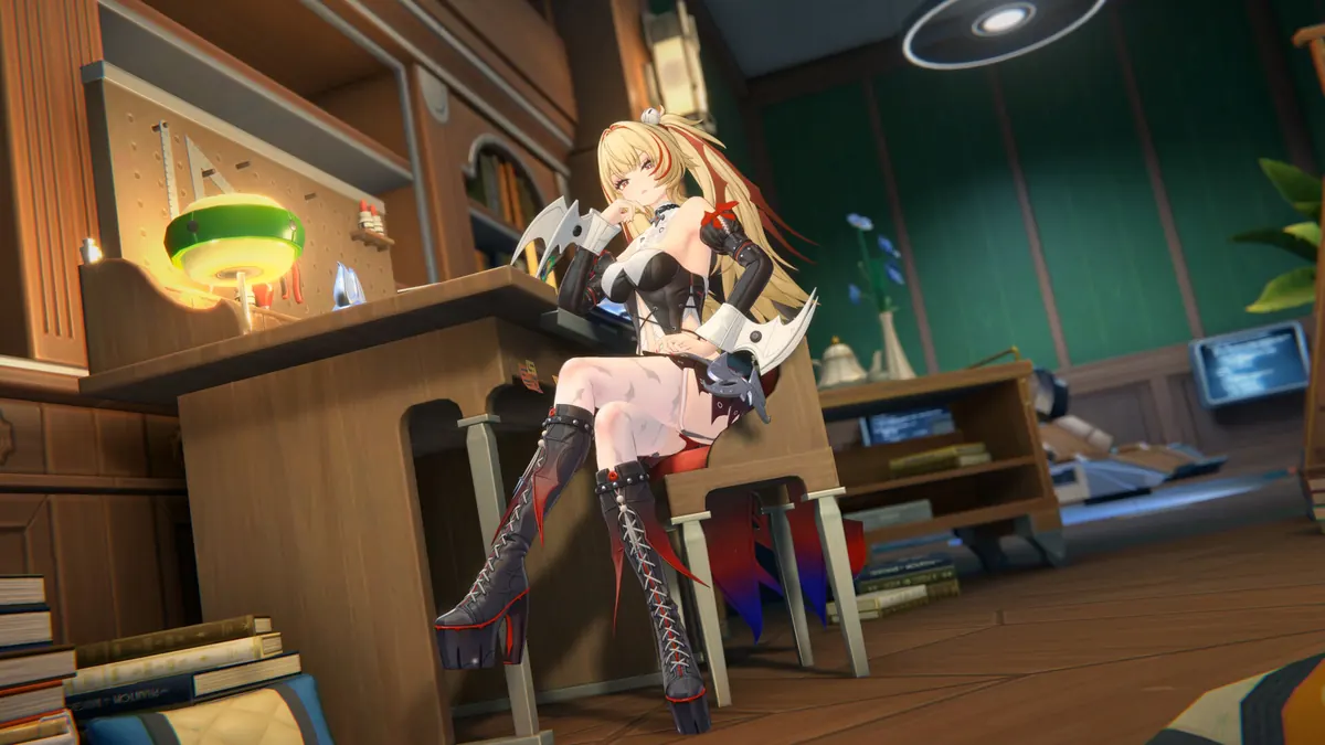 Zenless Zone Zero character relaxing at a desk in a cluttered room